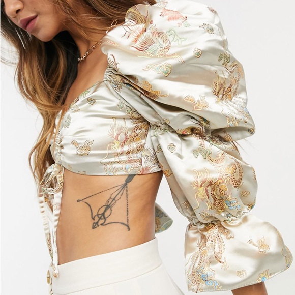 ASOS Design Puff Sleeve Top Champagne Jacquard Tank Asian Dragon Cropped US 6 - Picture 2 of 9